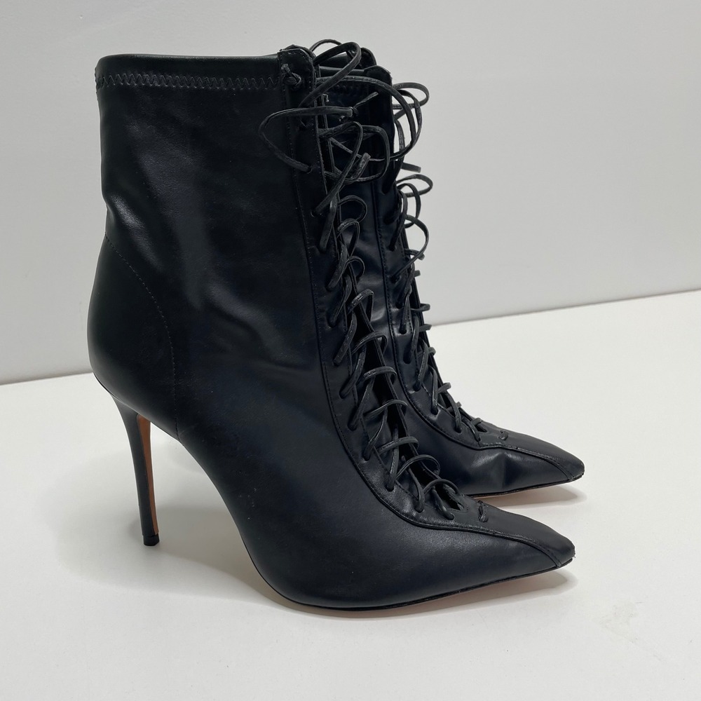 Schutz Tennie Black Leather Lace Up Pointed Toe Stiletto Boots 9B Witchy Costume - Picture 3 of 10